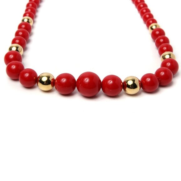Vintage Chunky Round Acrylic Beaded Necklace Beads Red Gold 1980s Retro Costume - Picture 6 of 6